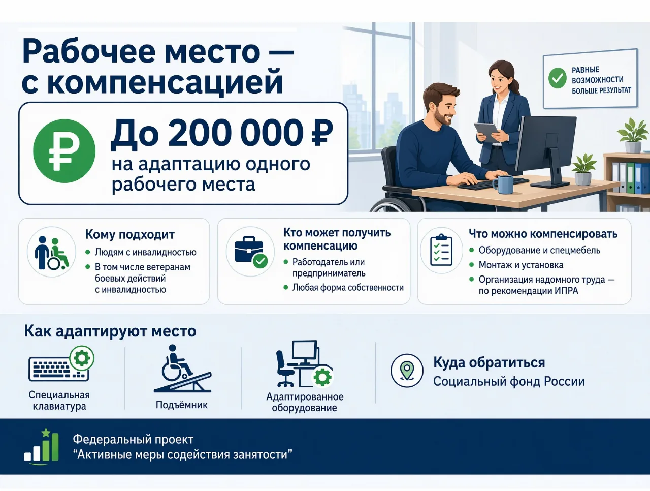 Государство компенсирует до 200 тысяч рублей на адаптацию рабочих мест для инвалидов и ветеранов СВО